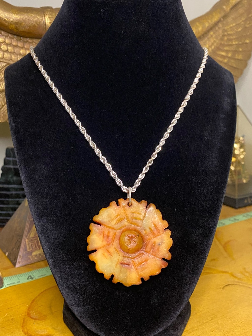 Vintage/Antique? Handcrafted Orange Jade Flower Pendant Necklace